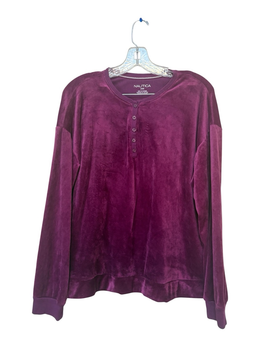 Nautica Plum Velour Henley L Y2K Luxe Lounge Burgundy Pullover